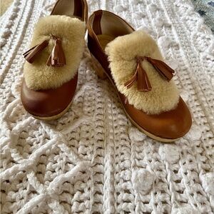 No. 6 Classic Tassel Clog with Shearling Trim in Brown